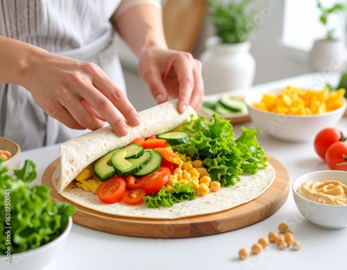 Preparación de wrap saludable.
Manos preparando wrap saludable con vegetales frescos y hummus, en cocina moderna con buena luz.