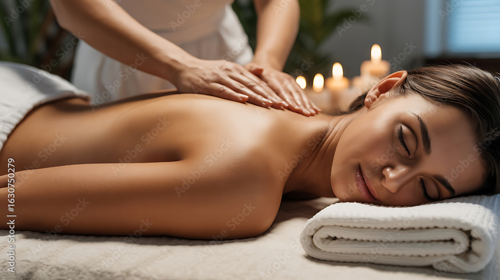 Obraz premium Woman receiving a back massage, relaxed and serene.