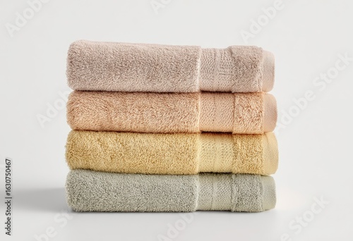 Stack of four folded towels in pastel colors