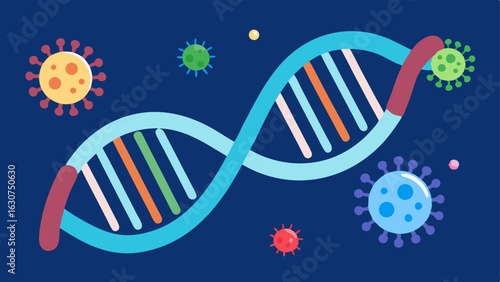 DNA Helix A stylized DNA double helix intertwined with bacteria shapes emphasizing the connection between genetics and microbiome.