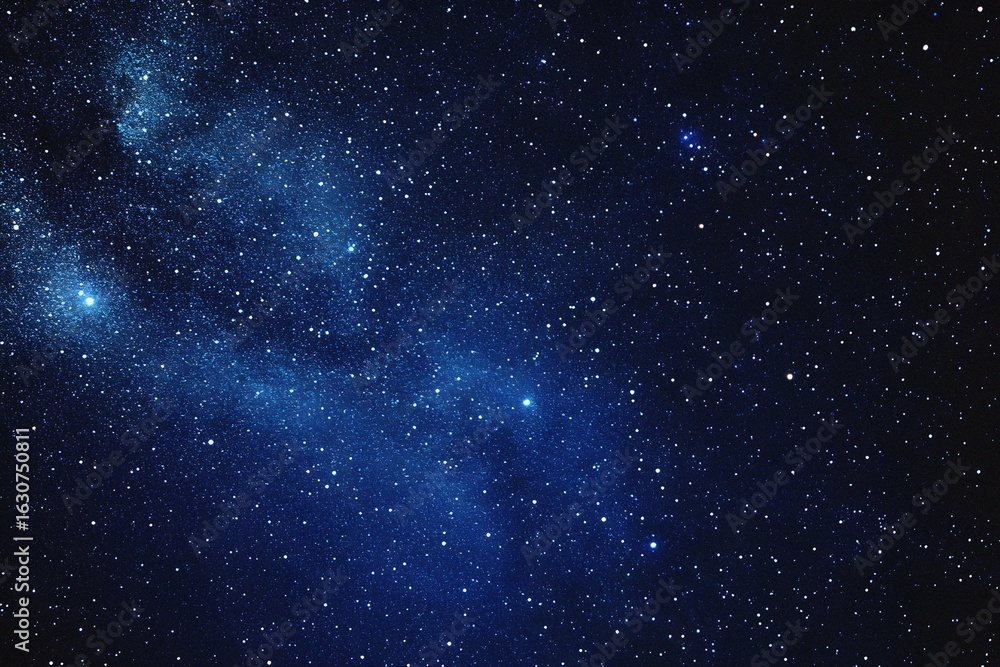 Obraz premium Starry sky background, blue night sky full of stars, glowing stars in the dark space, starry background, dark night, stars in the distance, starlight, dark background with a blue glow, night sky. 