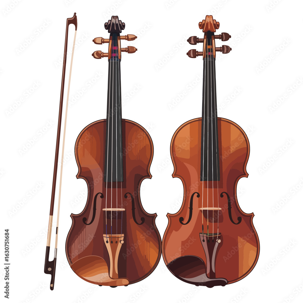 Naklejka premium Two violins and a bow on a white background