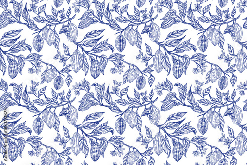 Seamless cocoa themed pattern featuring hand drawn cacao pods and leaves in vintage engraving style. Toile de Jouy. Elegant blue white design, ideal for cafe, bakery, chocolate packaging, and branding