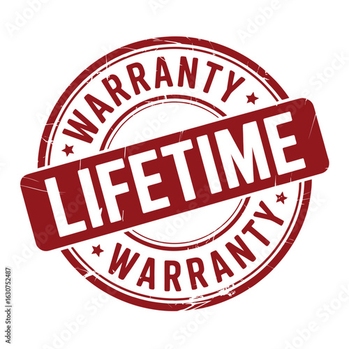 Red stamp seal with lifetime warranty text and stars