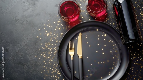 Elegant Dining Setup With Wine Bottle and Gold Cutlery for a Festive Celebrat...