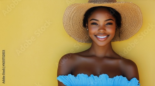 Smiling Woman in Blue Top and Straw Hat Poses Against a Vibrant Yellow Backgr...