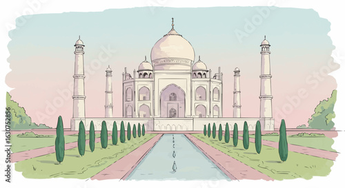 Taj Mahal Bright Sketch Vector – Pastel Indian Monument