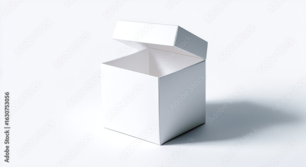 An open white box on a plain white background. The box is square and lies diagonally, with the lid slightly ajar. A subtle shadow is cast below An open white box on a plain white background. The box is square and lies diagonally, with the lid slightly ajar. A subtle shadow is cast below