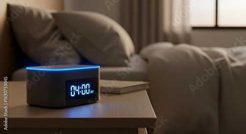 Smart alarm clock glowing at 4:00 AM on bedside table in dark bedroom