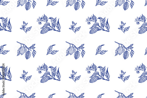 Seamless cocoa themed pattern featuring hand drawn cacao pods and leaves in vintage engraving style. Toile de Jouy. Elegant blue white design, ideal for cafe, bakery, chocolate packaging, and branding