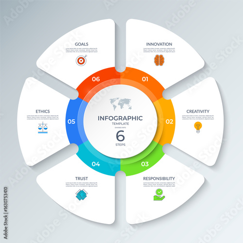 Modern circular infographic vector diagram divided into 6 steps. Each section includes icons, numbers, text placeholders. Can be used for business strategy, corporate presentations or project planning