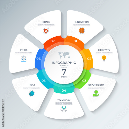 Modern circular infographic vector diagram divided into 7 steps. Each section includes icons, numbers, text placeholders. Can be used for business strategy, corporate presentations or project planning