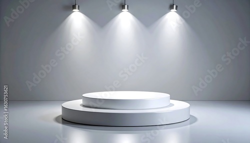 Empty white stage lit by spotlights