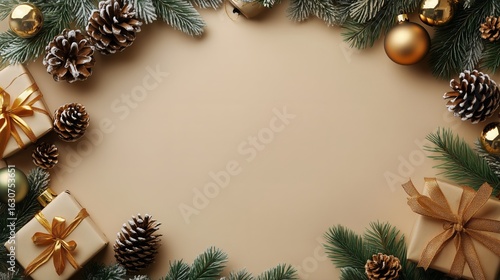 Holiday Decorations Featuring Gifts and Pinecones With Evergreen Branches on ...