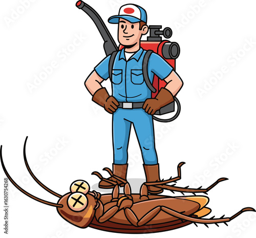 Cartoon pest control technician, protective gear, exterminator equipment, dead cockroach, confident worker pose, vector illustration, professional extermination service icon