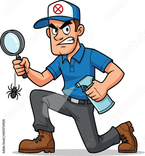 Cartoon pest control worker, inspection pose, spray bottle, magnifying glass, exterminator character, vector illustration, insect search, pest expert, service icon