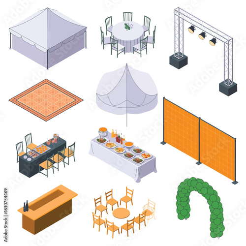 Collection of isometric event furniture and equipment for outdoor gatherings