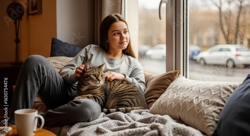 Woman Relaxing Indoors With Cat On Rainy Day