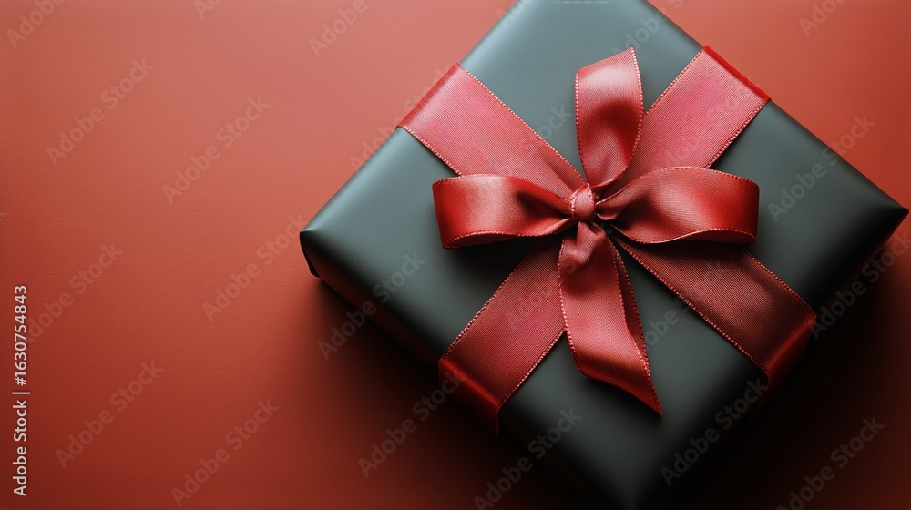 Black Gift Box With Red Ribbon on Red Background Ready for Celebration or Special Occasion. Black Gift Box With Red Ribbon on Red Background Ready for Celebration or Special Occasion.