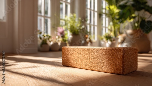 Natural cork yoga block on light wood floor, sunlit room
