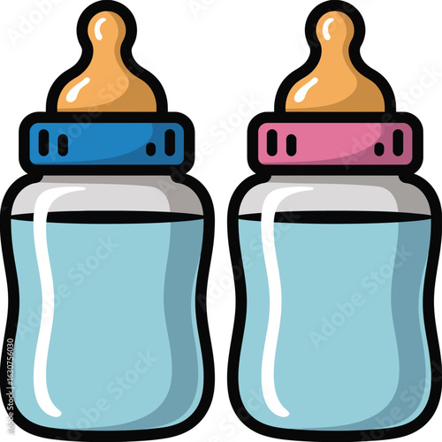 Two baby bottles one blue and one pink with nipples