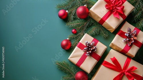 Festive Christmas Gifts Wrapped in Gold With Red Ribbons and Ornaments on a G...
