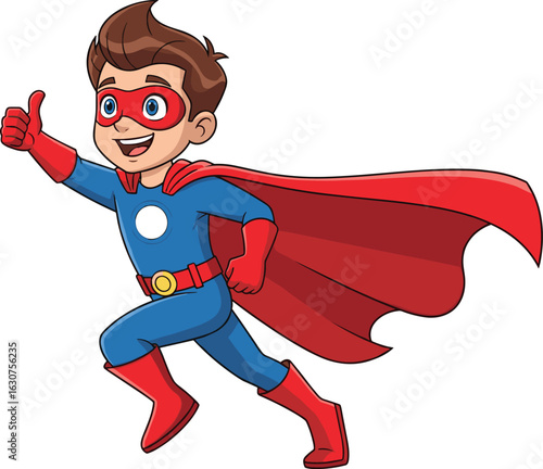 Cartoon superhero running, red cape flying, thumbs up gesture, blue costume design, comic character, vector style, action pose, child hero