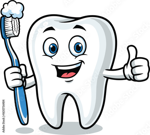 Cartoon tooth character, smiling face, holding toothbrush, promoting dental hygiene, clean white teeth, happy oral care icon, vector health illustration