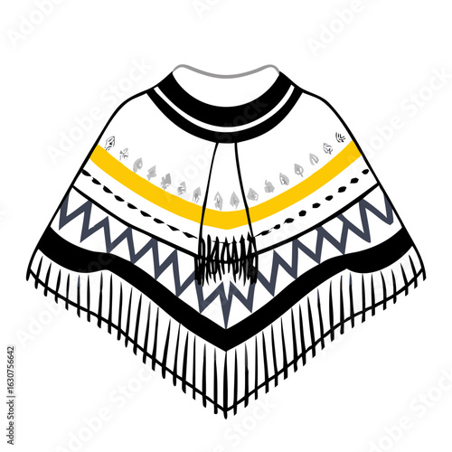 Traditional poncho design with intricate patterns and fringes  