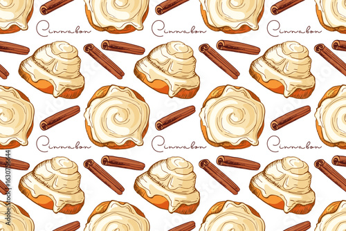 Seamless Pattern with Cinnabon color sketch, Pastry sweet bakery. Bun with cinnamon stick and inscription. Vector bun with icing Repeated background for wallpaper, wrapping, packing, scrapbooking