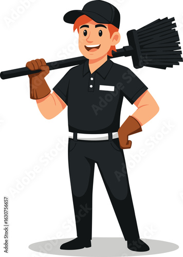 Chimney sweep character, professional cleaner, cleaning brush, uniform attire, gloves and hat, confident worker, isolated image, service provider illustration