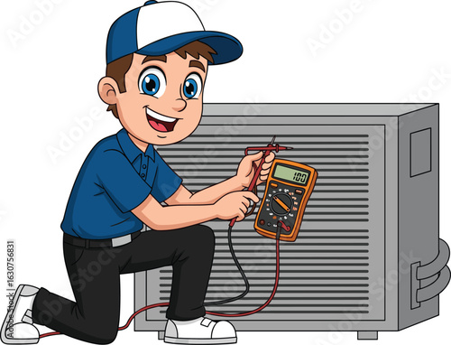 HVAC technician inspecting air conditioner unit with multimeter tool, professional maintenance service illustration for cooling system, repair, testing and troubleshooting