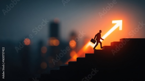 Business professional climbing stairs with an upward arrow in a city at sunset