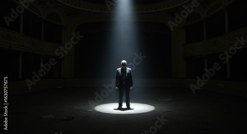 Man in spotlight, empty theatre