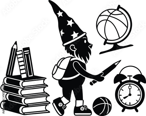 School gnome set with books globe ball pen silhouette with white background.
