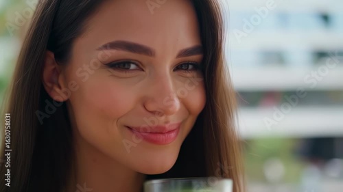 Young Woman Enjoys Refreshing Green Juice, Smiling with Natural Beauty and Healthy Lifestyle Vibes