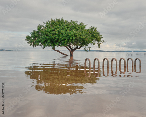 A lone tree with green leaves stands partially submerged in floodwaters during the historic floods in Porto Alegre, Brazil.