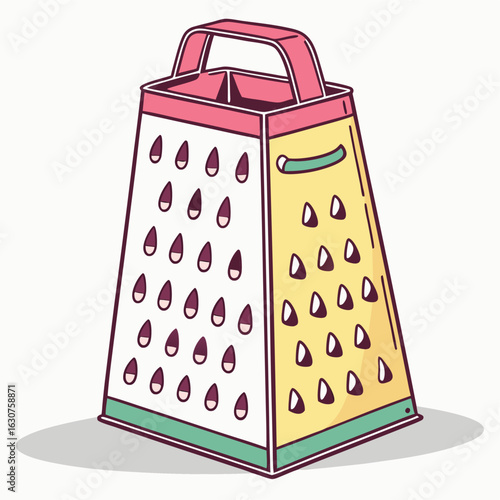 Vibrant kitchen grater with handle and realistic shadow on white background
