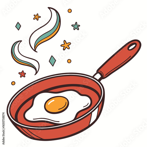 Colorful flat icon of a frying pan with a fried egg