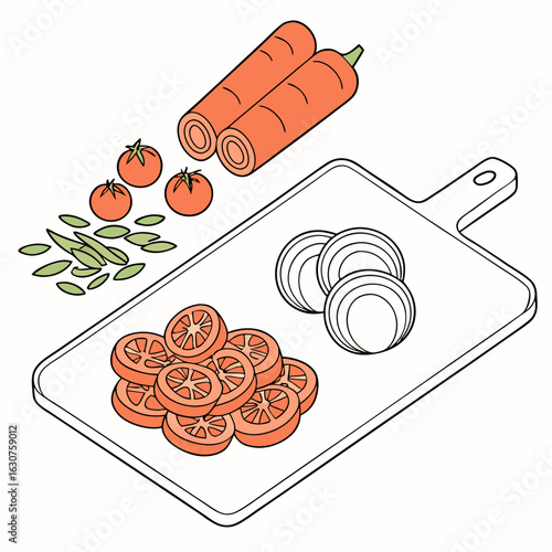 Flat icon of a chopping board with chopped vegetables