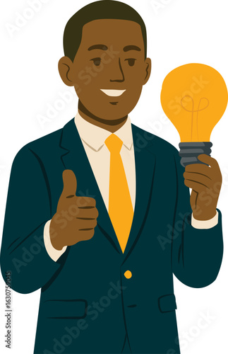 Ilustración digital  de un hombre afrodescendiente con traje, sosteniendo una bombilla encendida en una mano y haciendo gesto de aprobación con la otra. Creatividad, liderazgo, emprendimiento, negocio