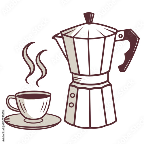 Flat icon of a coffee maker with a steaming cup for brewing hot beverages
