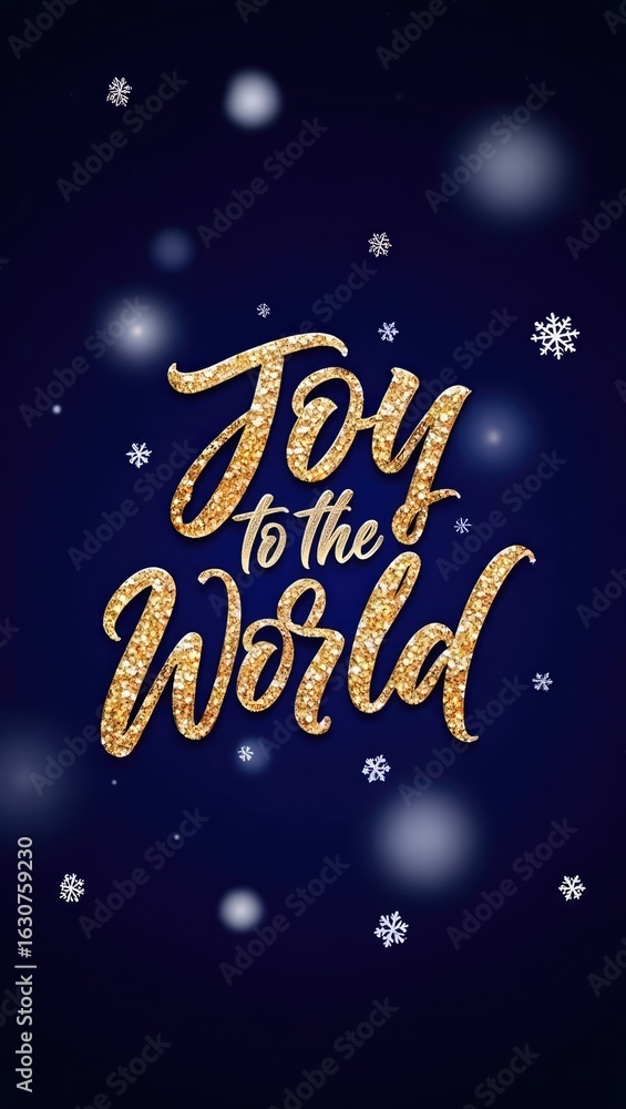 Naklejka premium Elegant navy Christmas card with gold Joy to the World text and snowflakes. Festive holiday greeting. Generative AI.