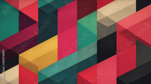 A vibrant geometric pattern featuring bold colors and shapes, creating a modern abstract design.