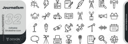 Vector art of set of journalism and media icons, featuring news gathering, communication tools, and information dissemination, isolated on white background transparent background