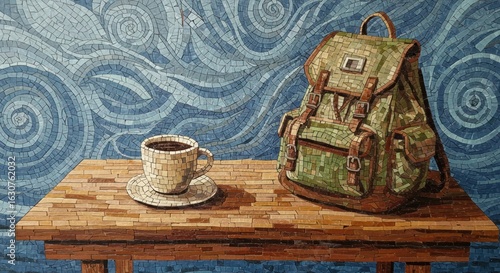 Mosaic still life of coffee and backpack