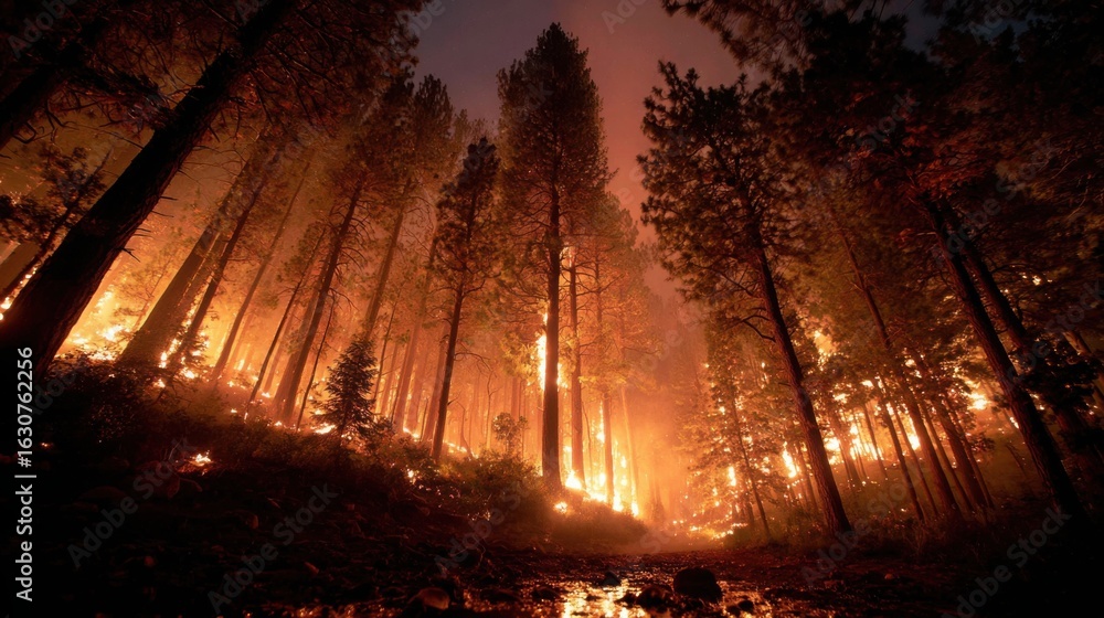 Obraz premium Intense wildfires illuminate a forest at dusk with vibrant flames and smoke