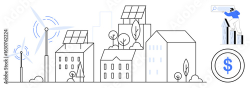 Urban skyline featuring solar panels, wind turbines, trees, and buildings. Man on bar graph signals growth. Ideal for sustainability, energy, economy, technology city planning innovation simple