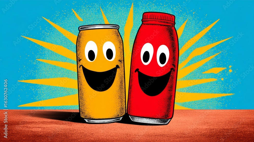 Obraz premium Two smiling cans of soda, one orange and one red. The orange can is smiling with its mouth open, while the red can is smiling with its mouth closed. The image has a playful and cheerful mood