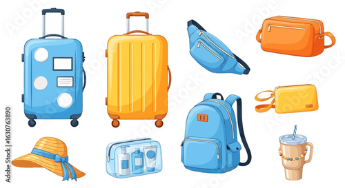 Colorful travel luggage and accessories vector set